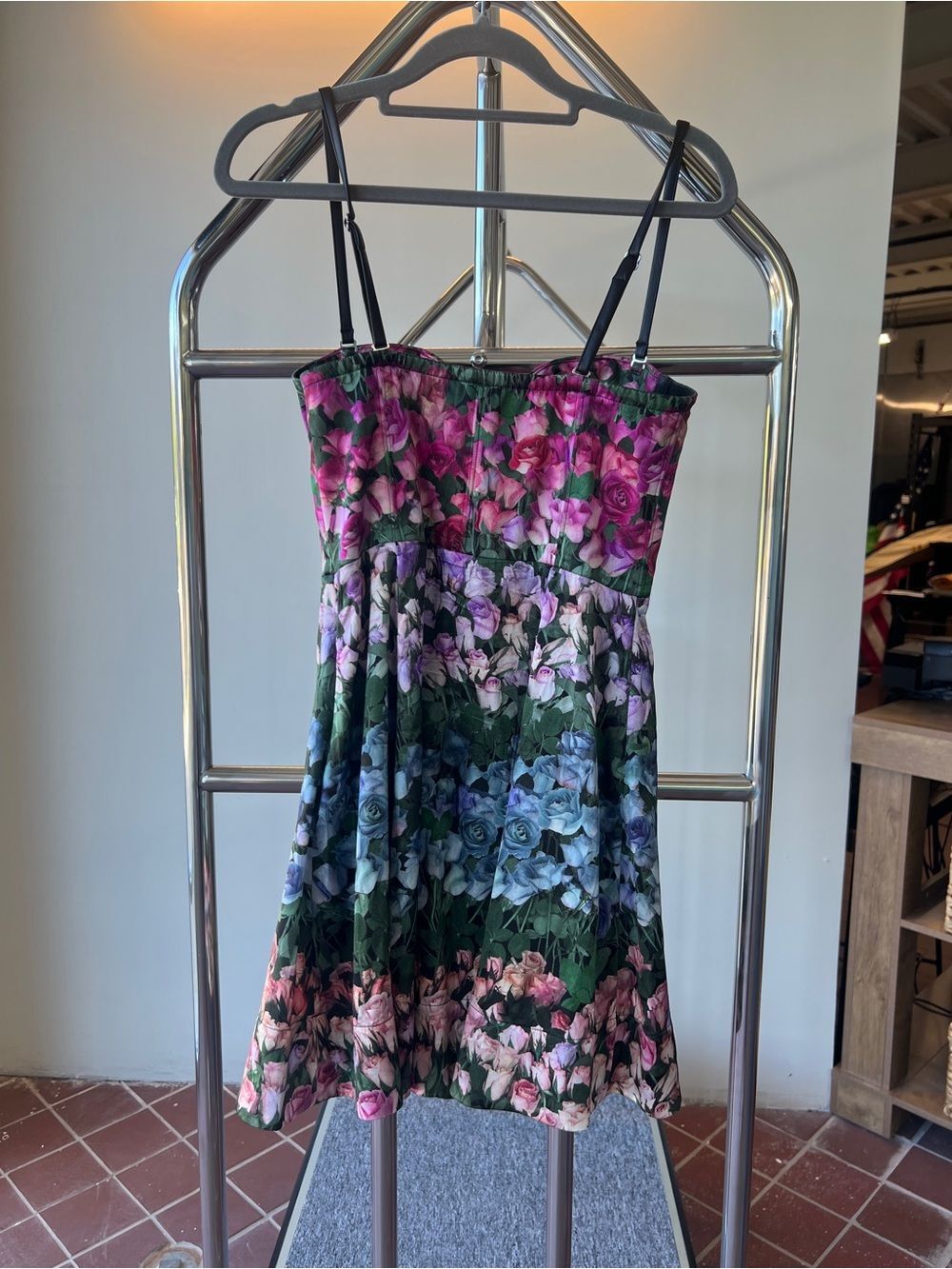 Fleur du Mal Silk Sweetheart FitFlare 4 Pink Floral Dress Leather Removbl Straps - Picture 4 of 11